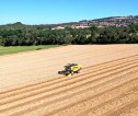 An aerial photograph of a yellow combine harvester working in a field on a sunny day