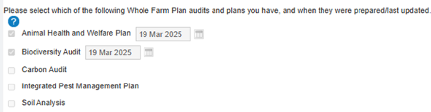 screenshot of question in SAF asking what whole farm plan options you've completed.